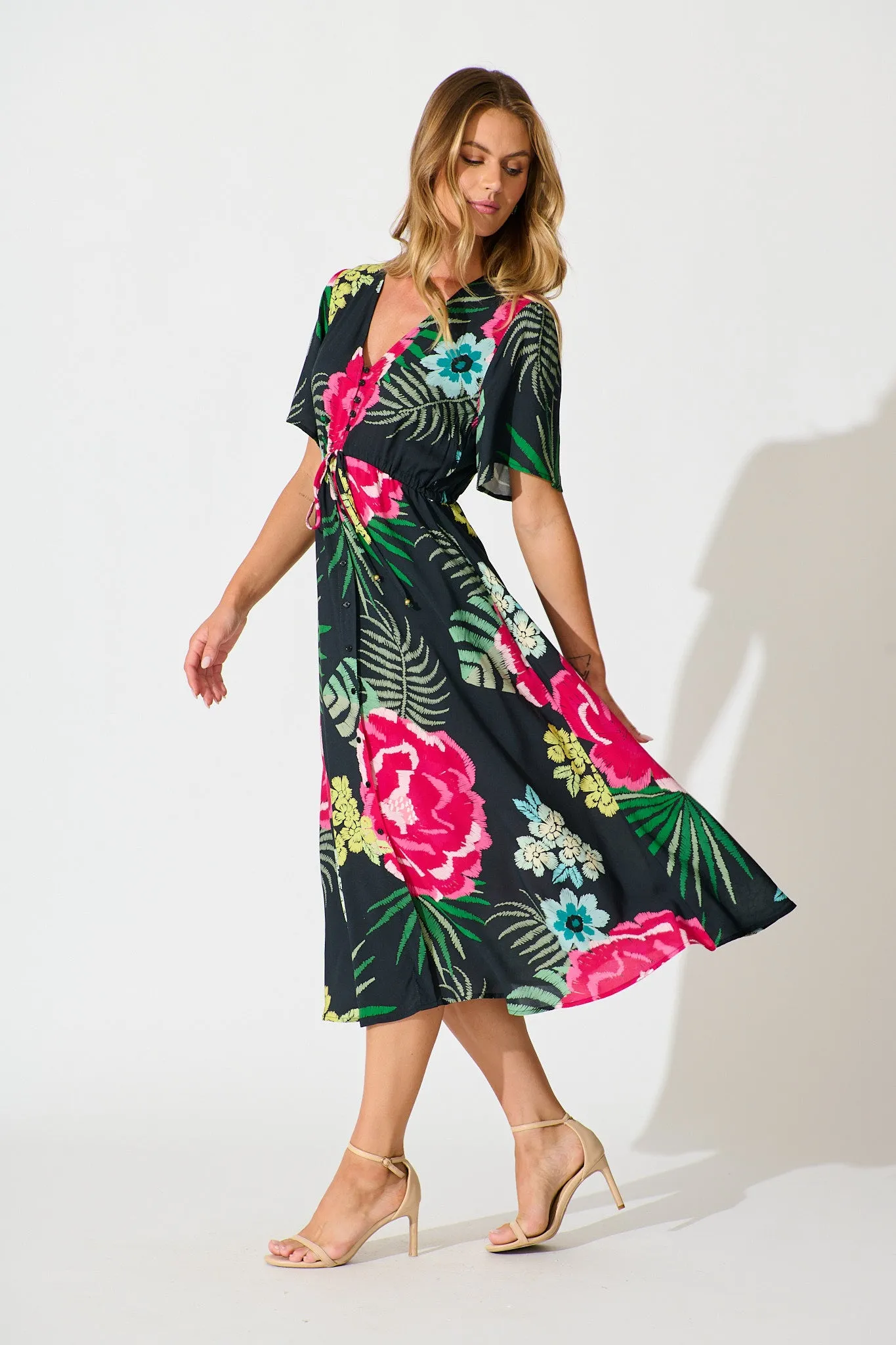 Melody Midi Dress In Black with Pink Floral sold by St Frock product image thumbnail 3