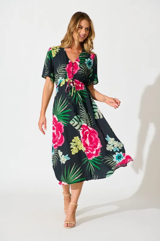 Melody Midi Dress In Black with Pink Floral sold by St Frock