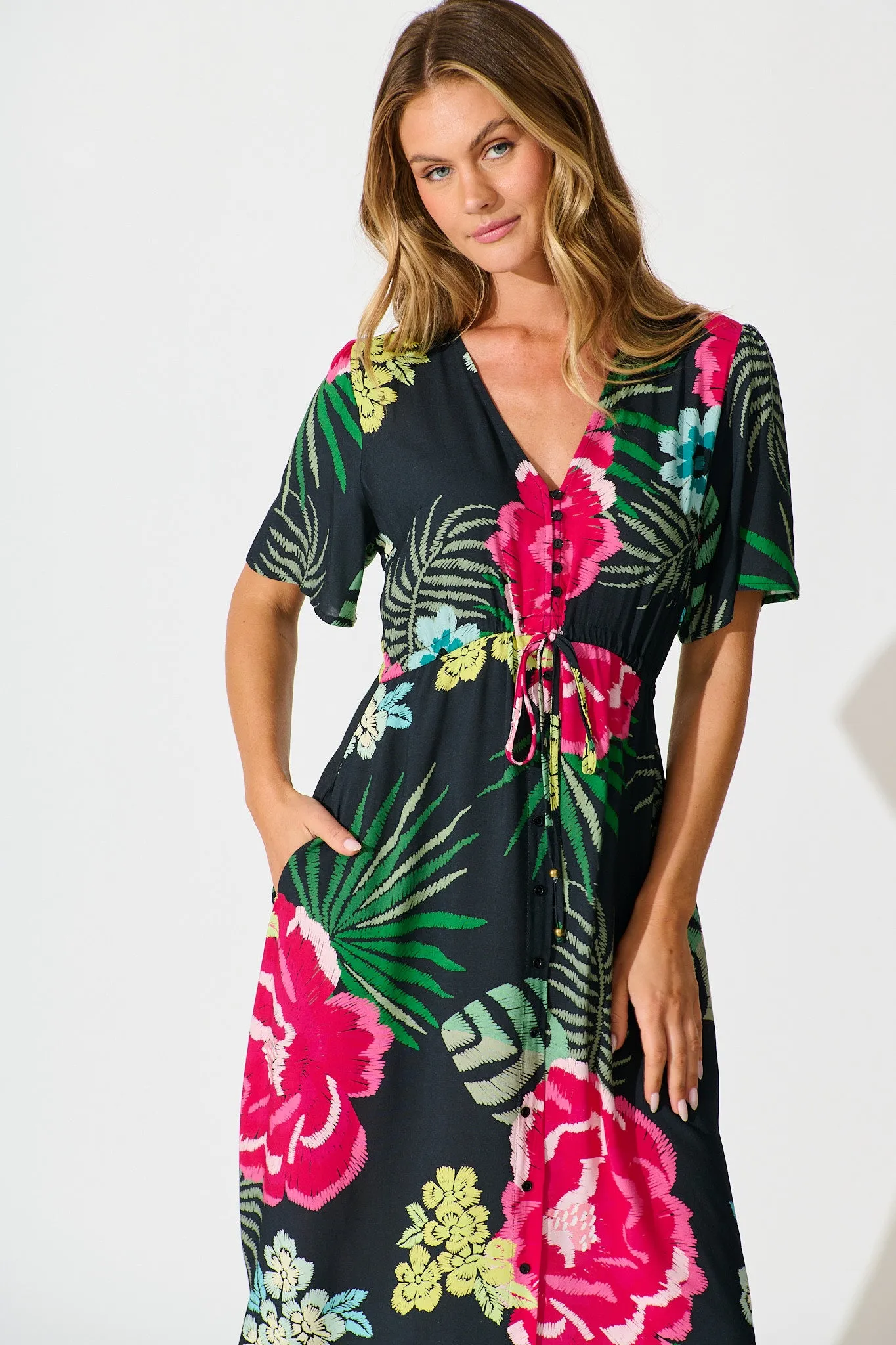 Melody Midi Dress In Black with Pink Floral sold by St Frock product image thumbnail 2