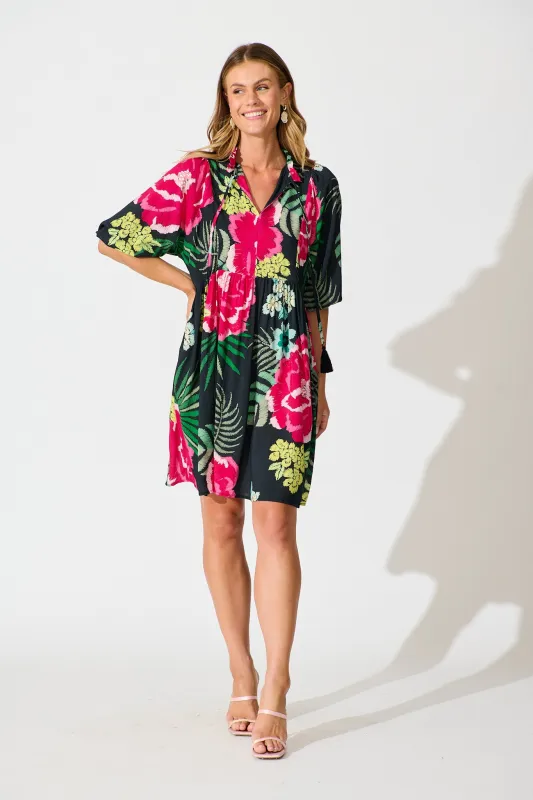 Darcie Smock Dress In Black with Pink Floral sold by St Frock