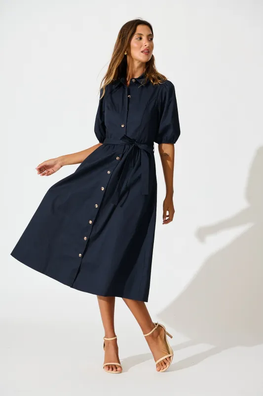 Adrienne Midi Shirt Dress in Navy Cotton sold by St Frock