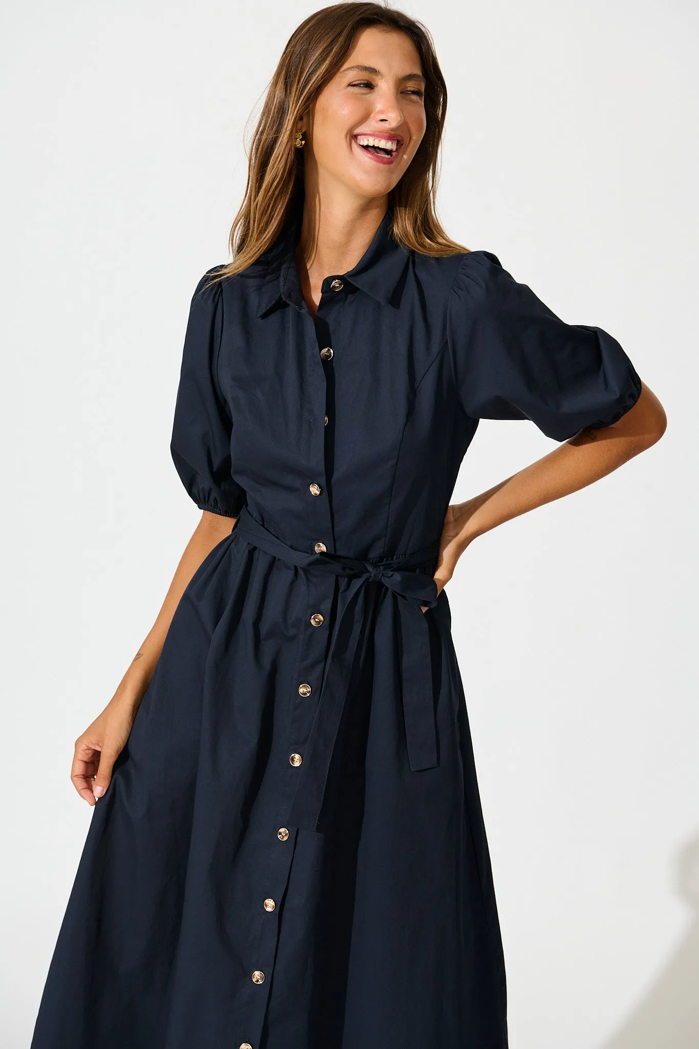Adrienne Midi Shirt Dress in Navy Cotton sold by St Frock product image thumbnail 2