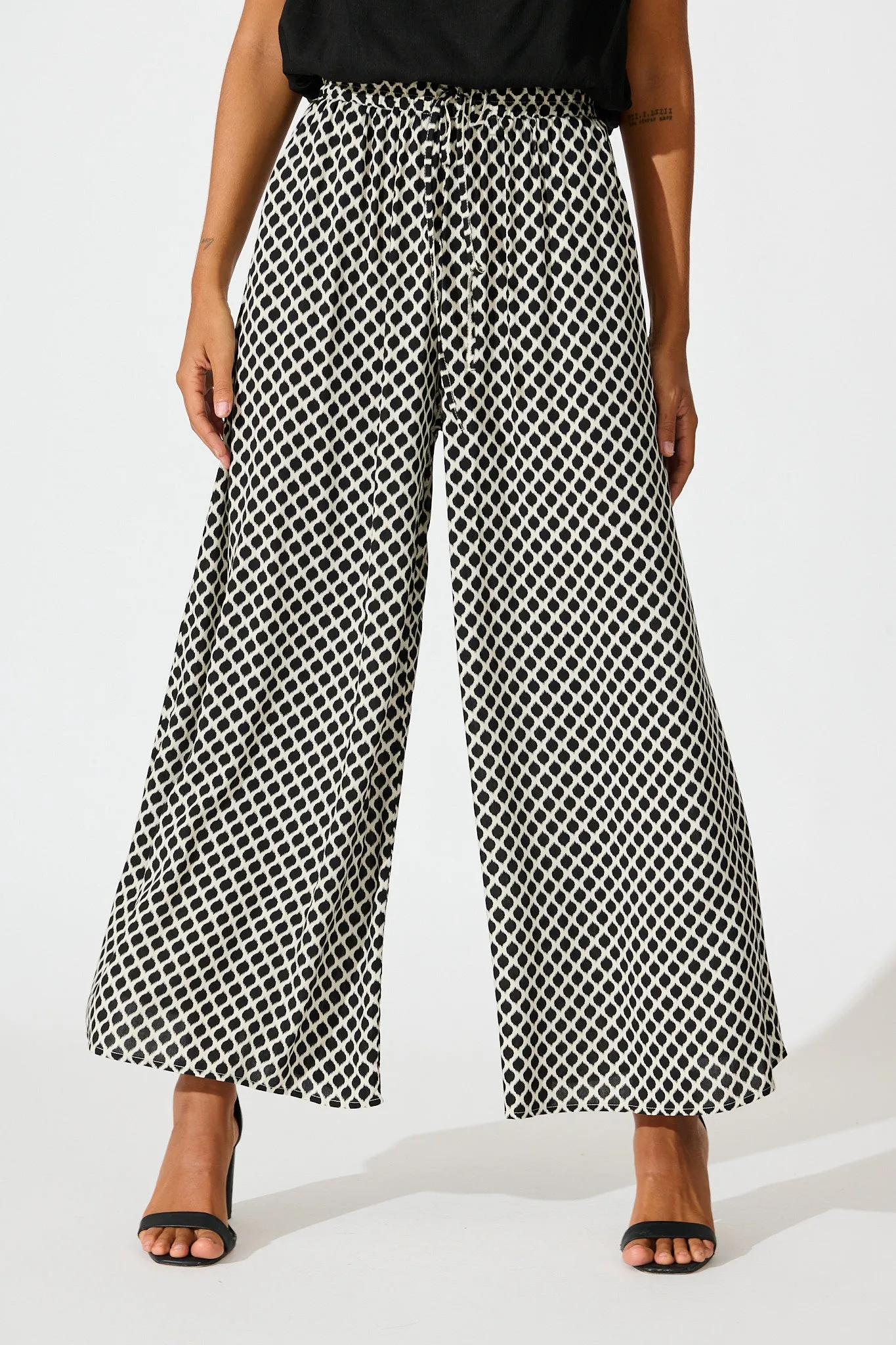 Goldie Wide Leg Pant in Black and Cream Geometric Print sold by St Frock
