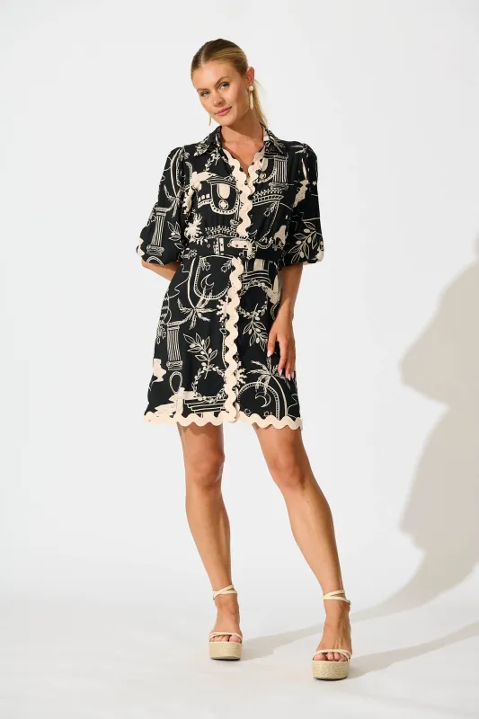 Amico Dress in Black with Cream Print sold by St Frock