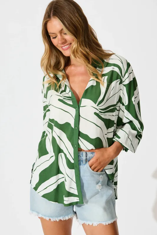Adila Shirt in Green with White Leaf sold by St Frock