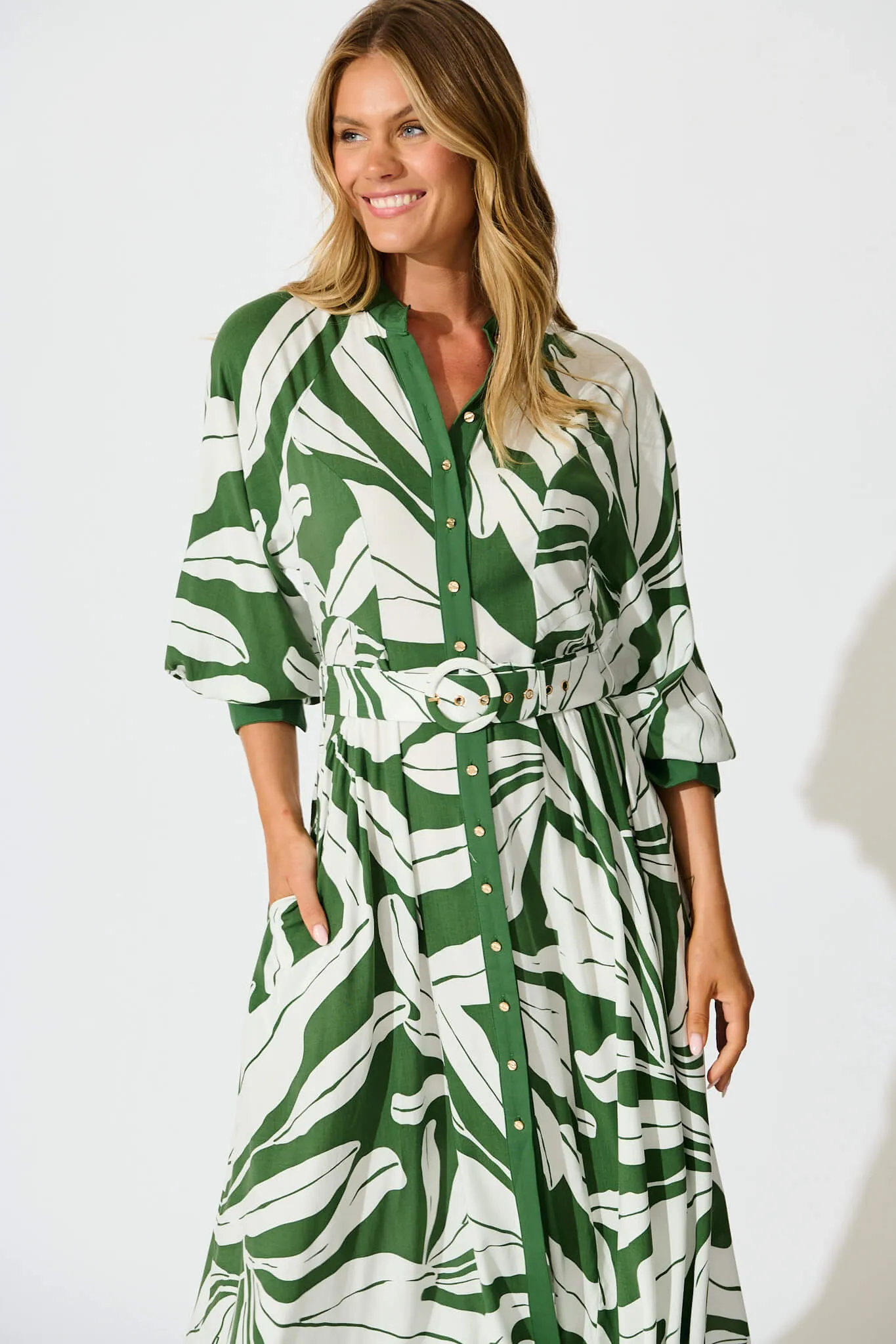 Shiloh Midi Shirt Dress in Green with White Leaf sold by St Frock product image thumbnail 2
