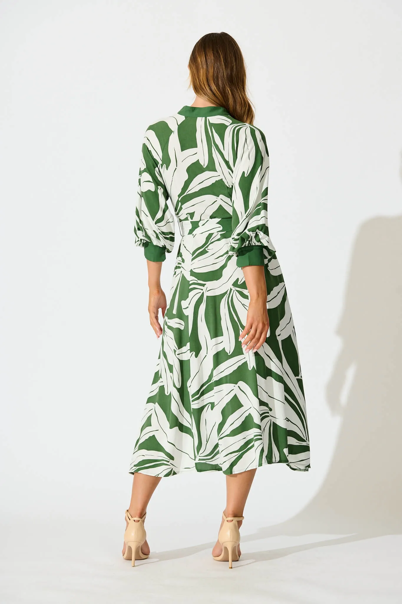 Shiloh Midi Shirt Dress in Green with White Leaf sold by St Frock product image thumbnail 4
