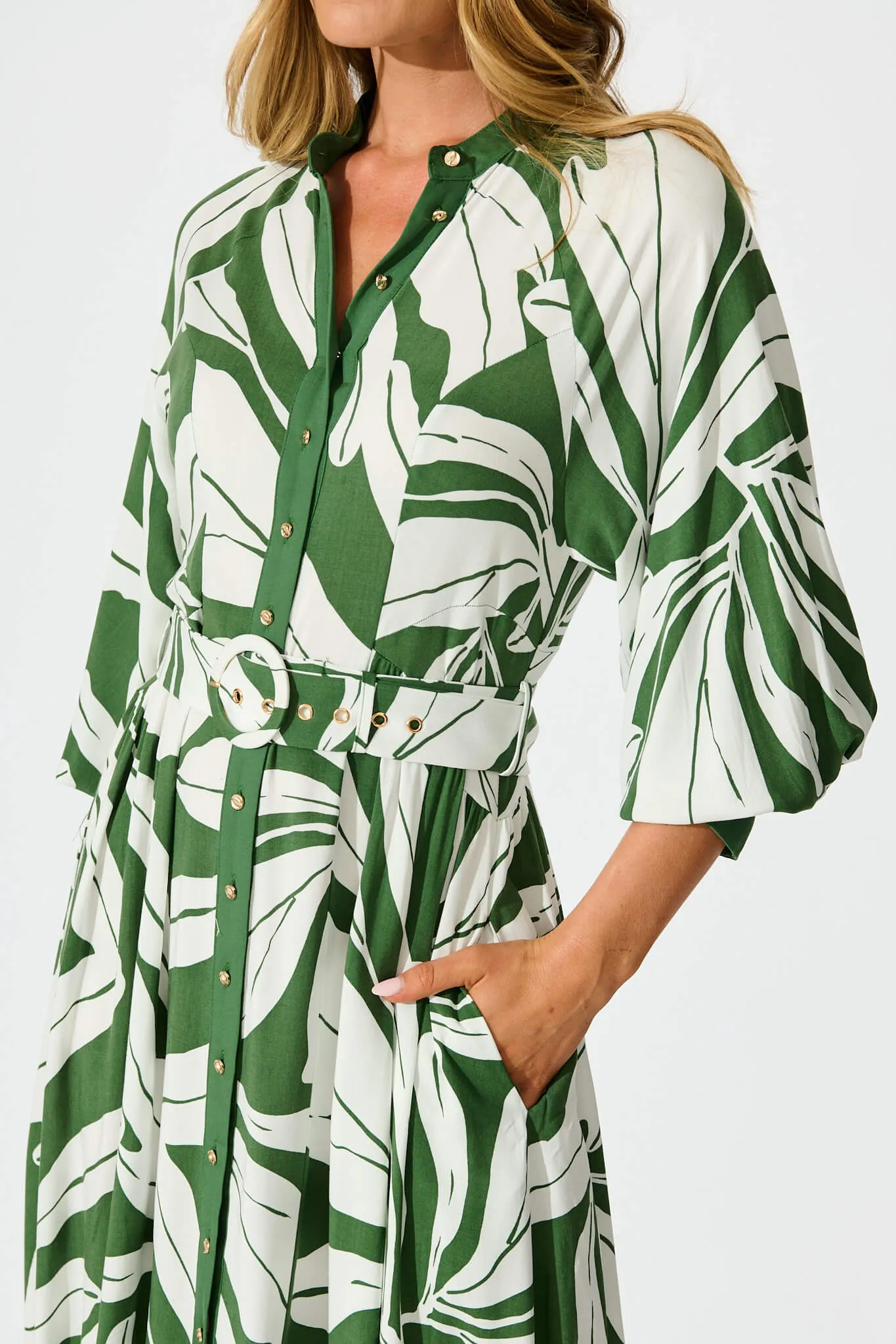 Shiloh Midi Shirt Dress in Green with White Leaf sold by St Frock product image thumbnail 5