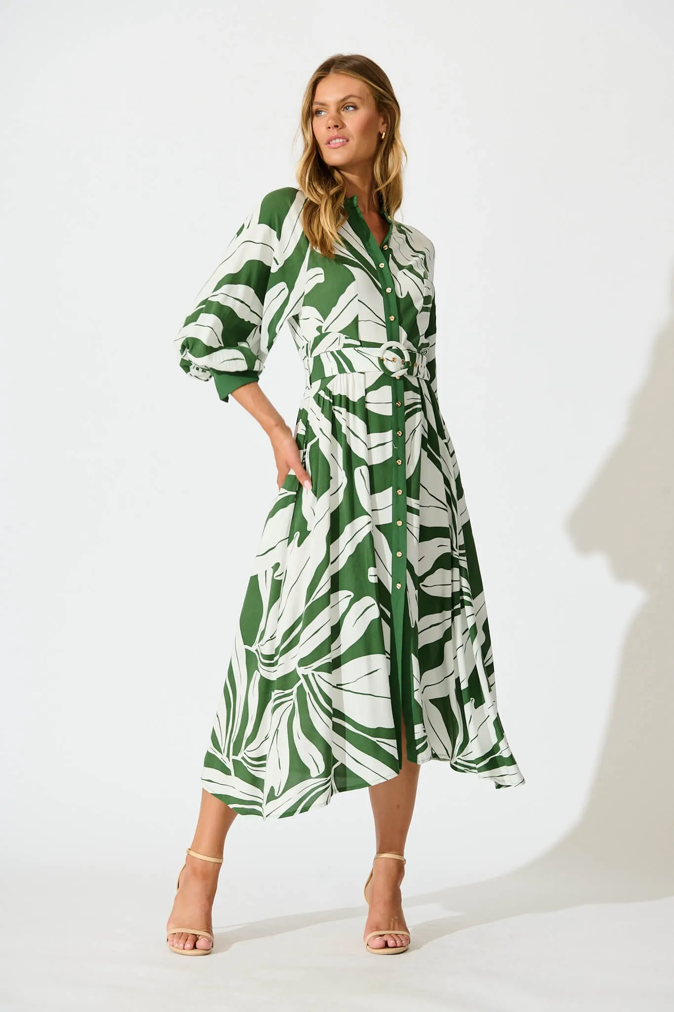 Shiloh Midi Shirt Dress in Green with White Leaf sold by St Frock
