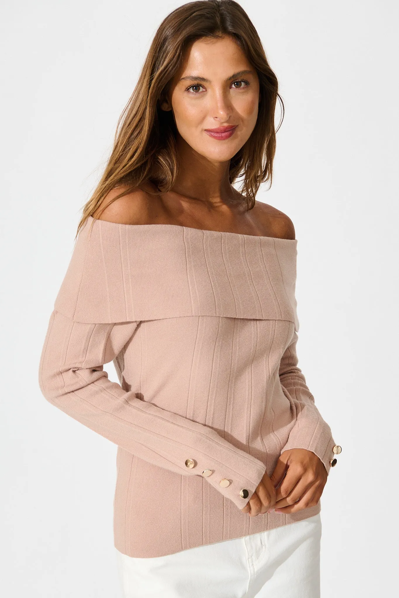 Solar Bardot Knit Top in Toffee Wool Blend sold by St Frock product image thumbnail 2