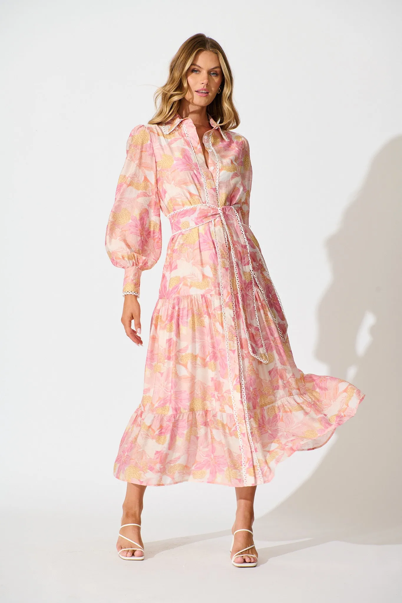 Alaina Maxi Shirt Dress in Pink Floral With White Lace Trim sold by St Frock product image thumbnail 2