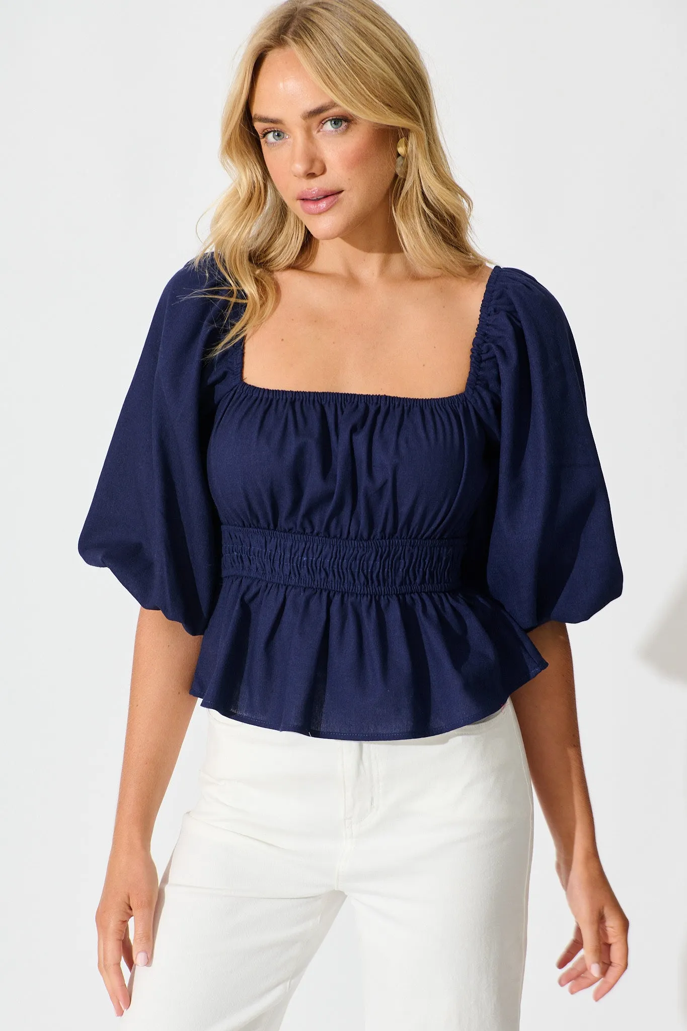 Rosella Top in Navy Linen Blend sold by St Frock