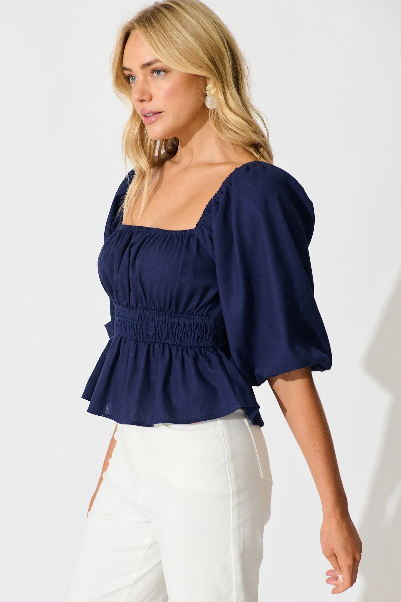 Rosella Top in Navy Linen Blend sold by St Frock product image thumbnail 2