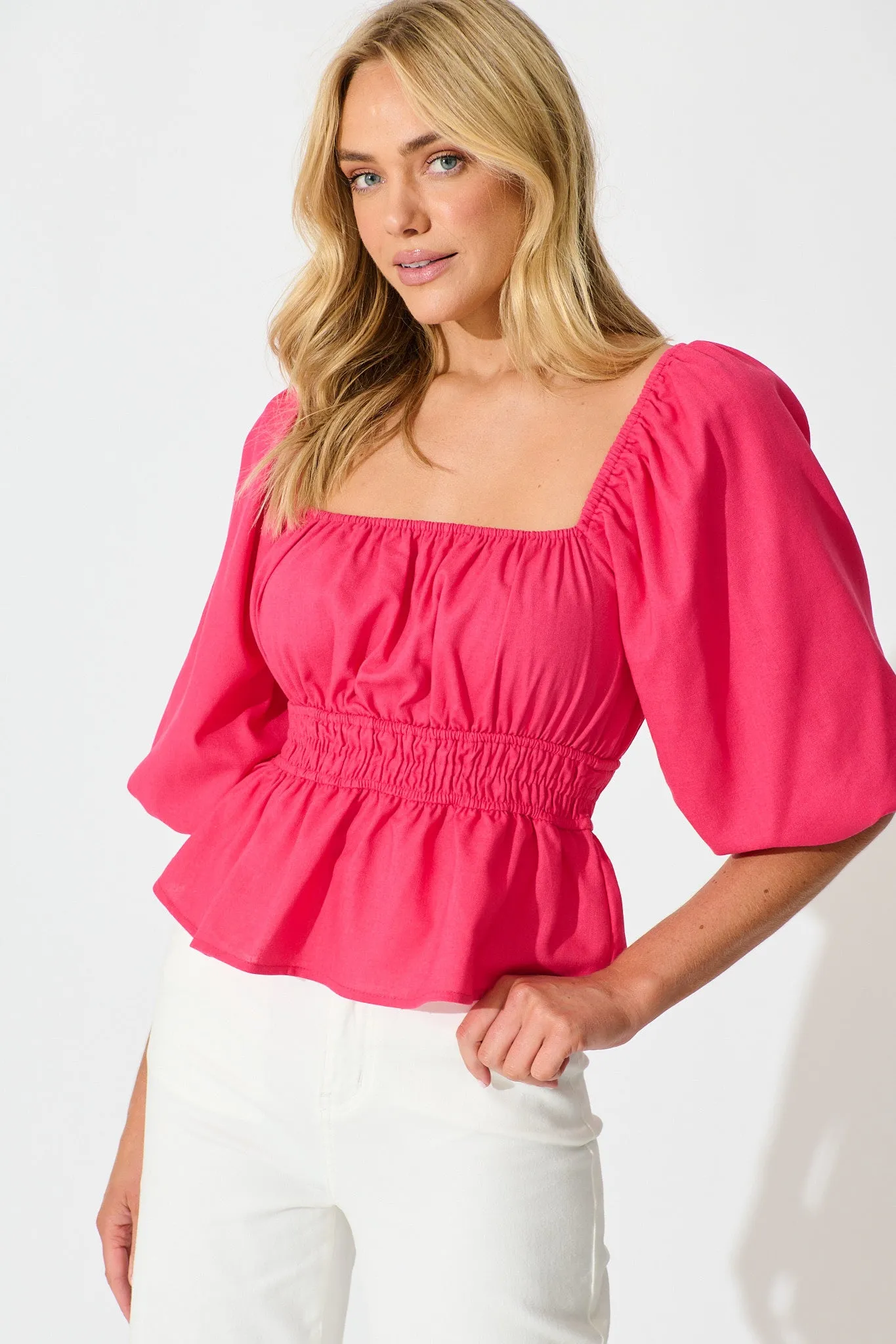 Rosella Top in Pink Linen Blend sold by St Frock
