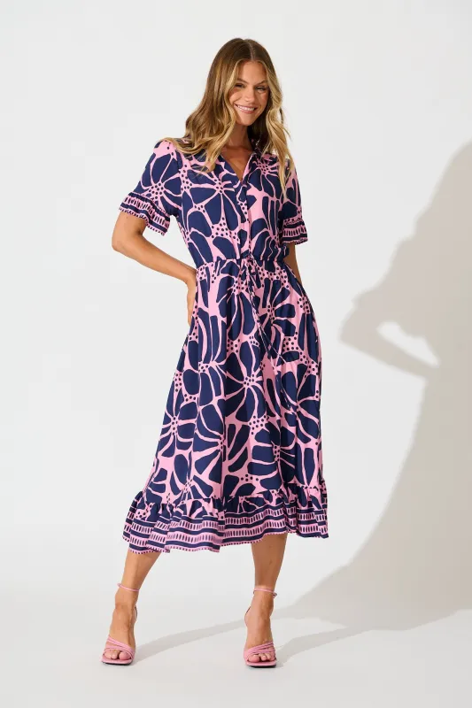 Aiken Midi Dress In Pink And Navy Floral sold by St Frock