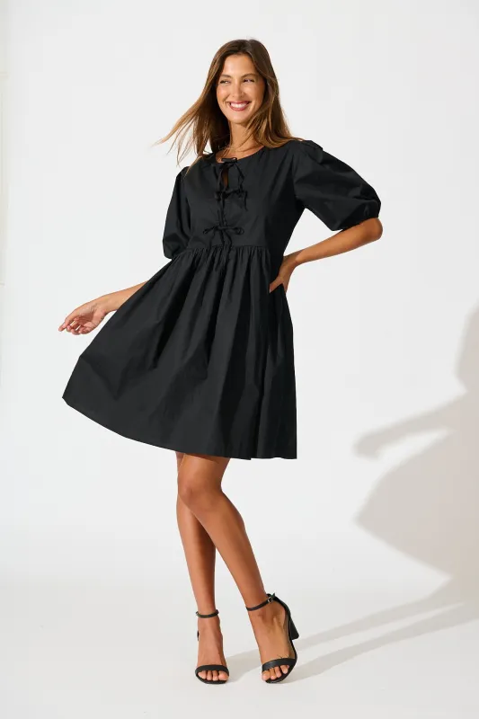 Sofia Tie Front Dress in Black Cotton sold by St Frock