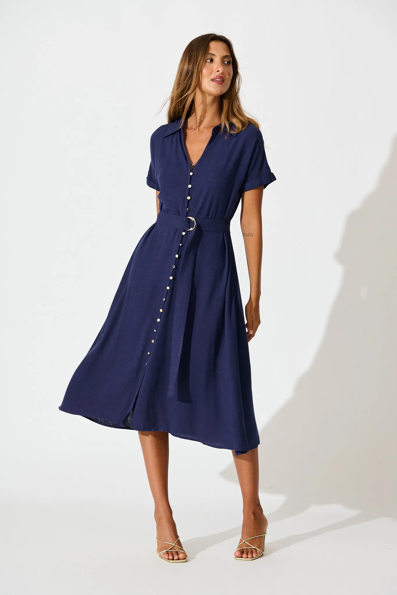 Alyssa Midi Shirt Dress in Navy Linen Blend sold by St Frock