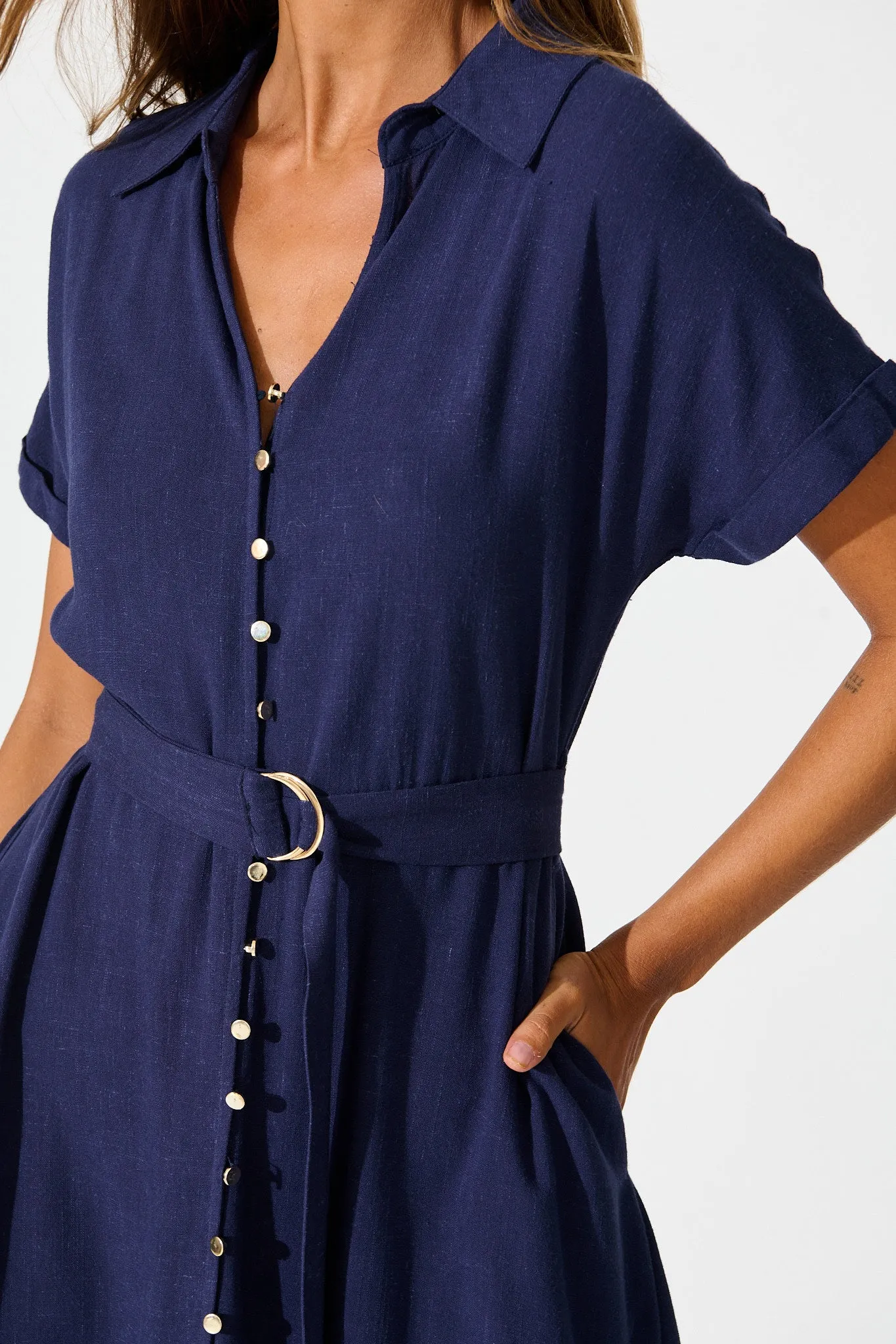 Alyssa Midi Shirt Dress in Navy Linen Blend sold by St Frock product image thumbnail 5