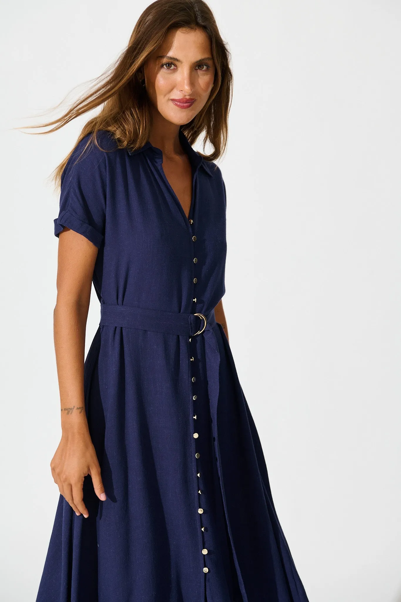 Alyssa Midi Shirt Dress in Navy Linen Blend sold by St Frock product image thumbnail 2