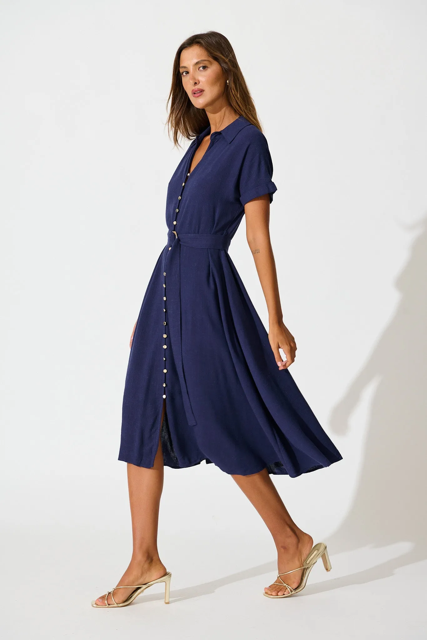 Alyssa Midi Shirt Dress in Navy Linen Blend sold by St Frock product image thumbnail 3