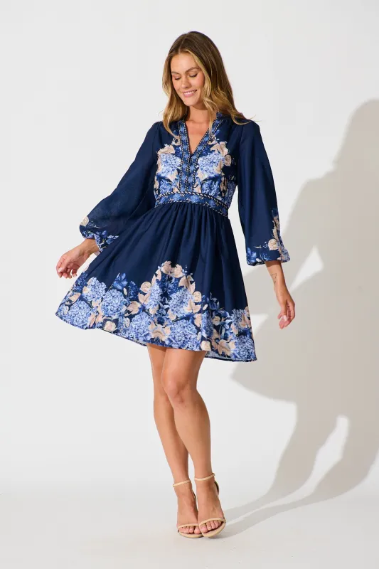 Clarion Dress in Navy Border Floral Linen Blend sold by St Frock