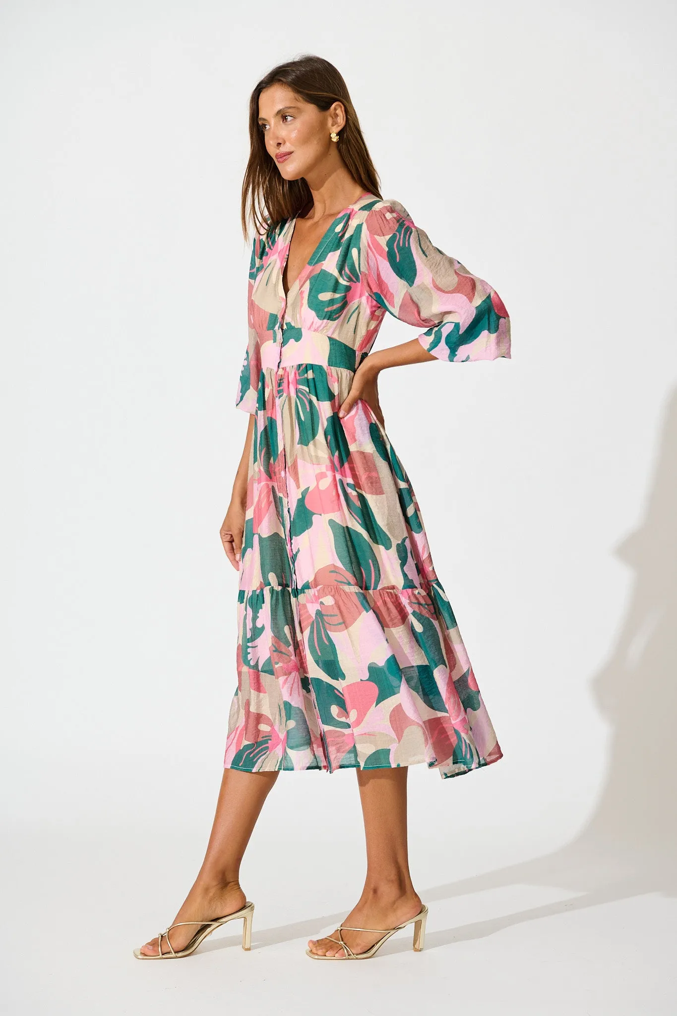 Misty Midi Dress in Multi Pink and Emerald Print sold by St Frock product image thumbnail 3