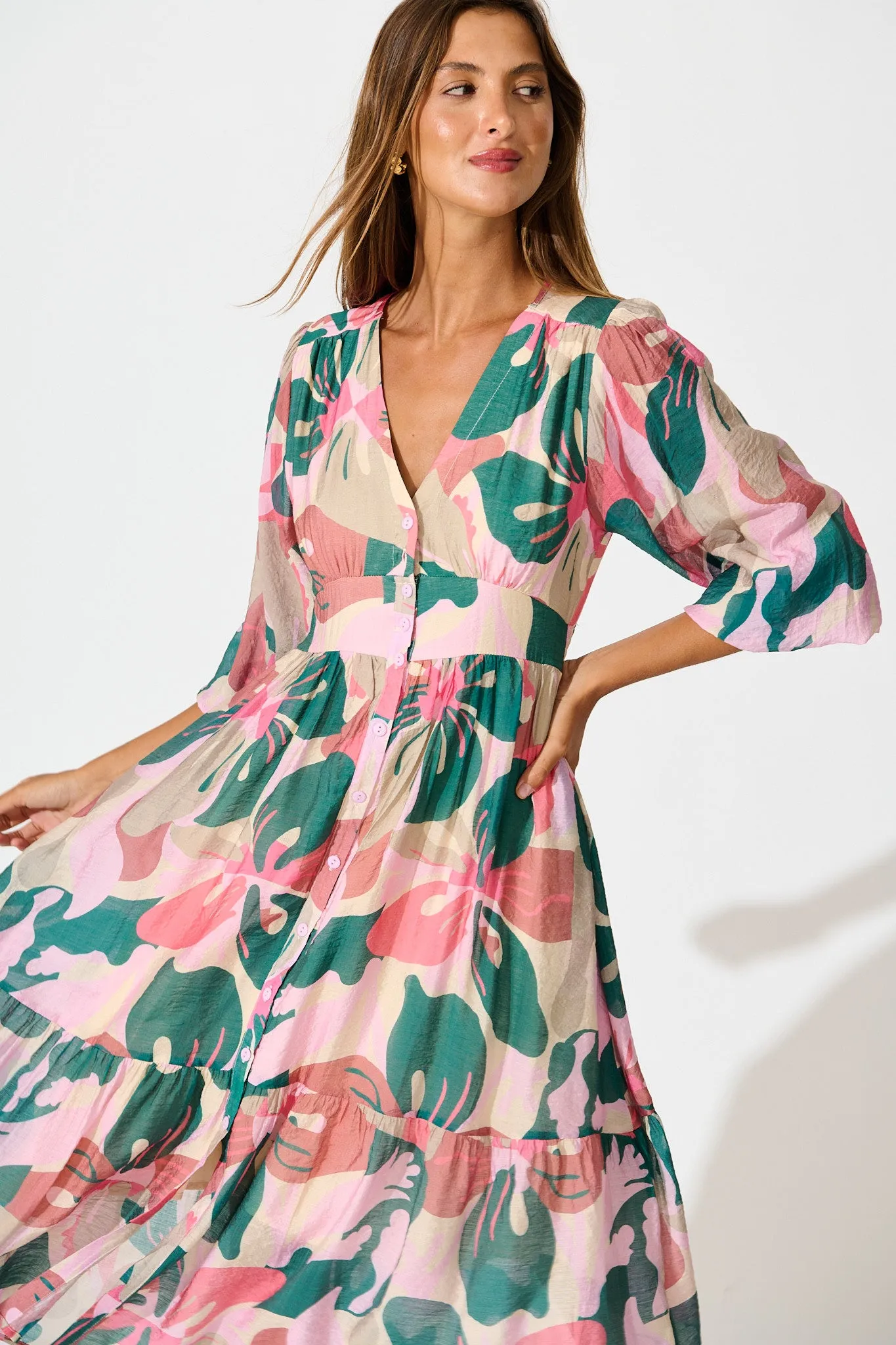 Misty Midi Dress in Multi Pink and Emerald Print sold by St Frock product image thumbnail 2