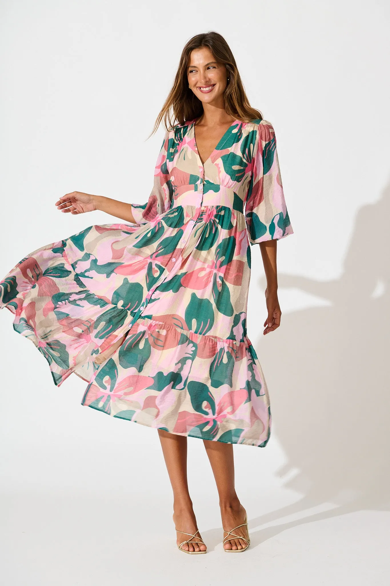 Misty Midi Dress in Multi Pink and Emerald Print sold by St Frock