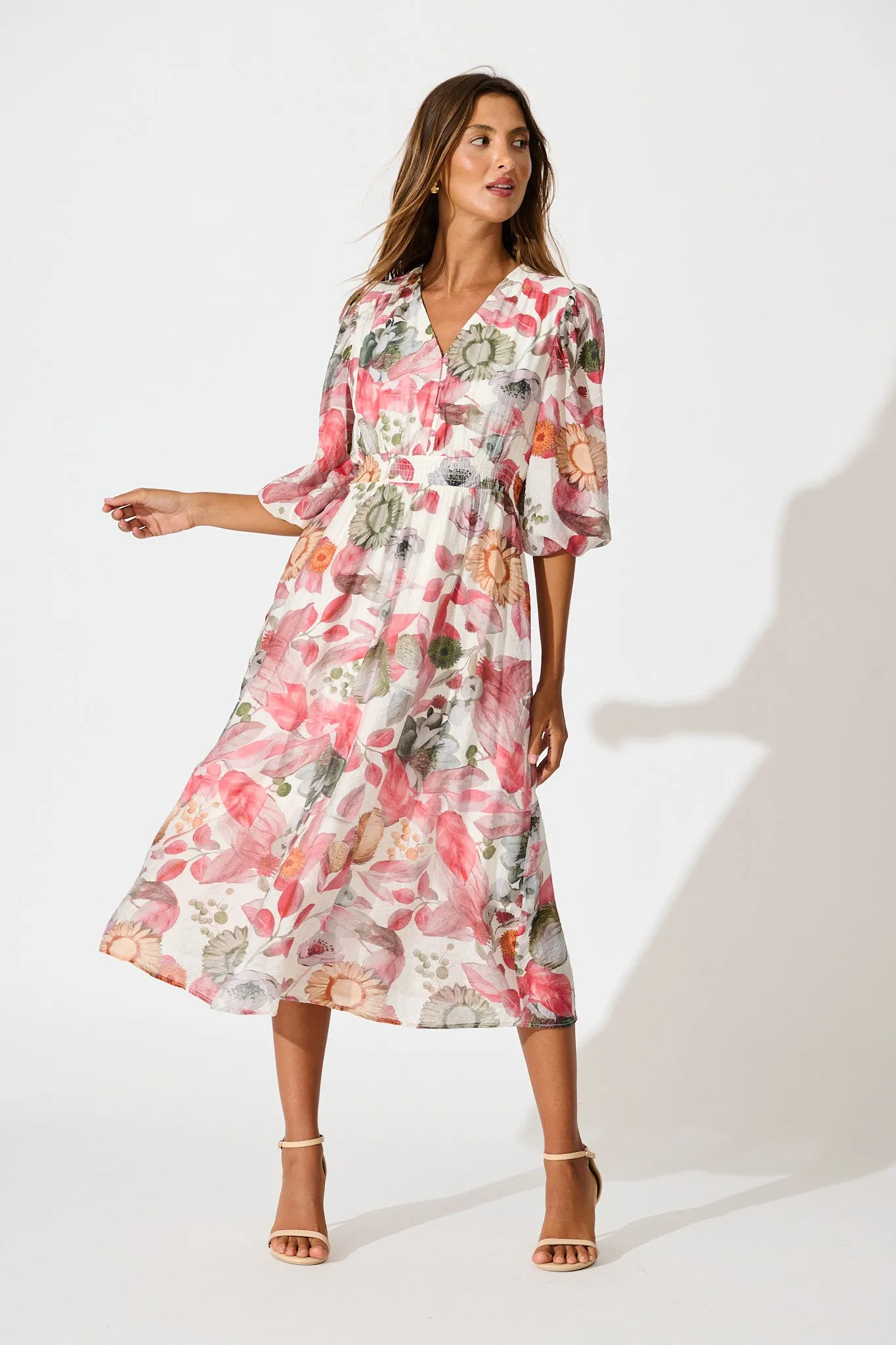 Love Story Midi Dress in Multi Pink Floral Print sold by St Frock