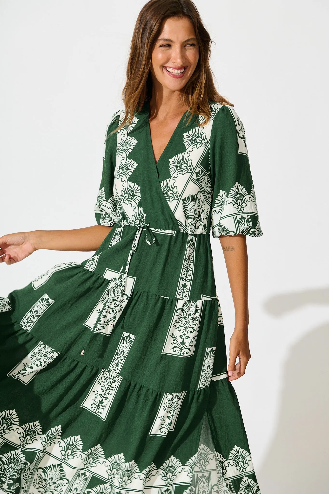 Paradise Midi Dress in Emerald Green Border Print sold by St Frock product image thumbnail 2