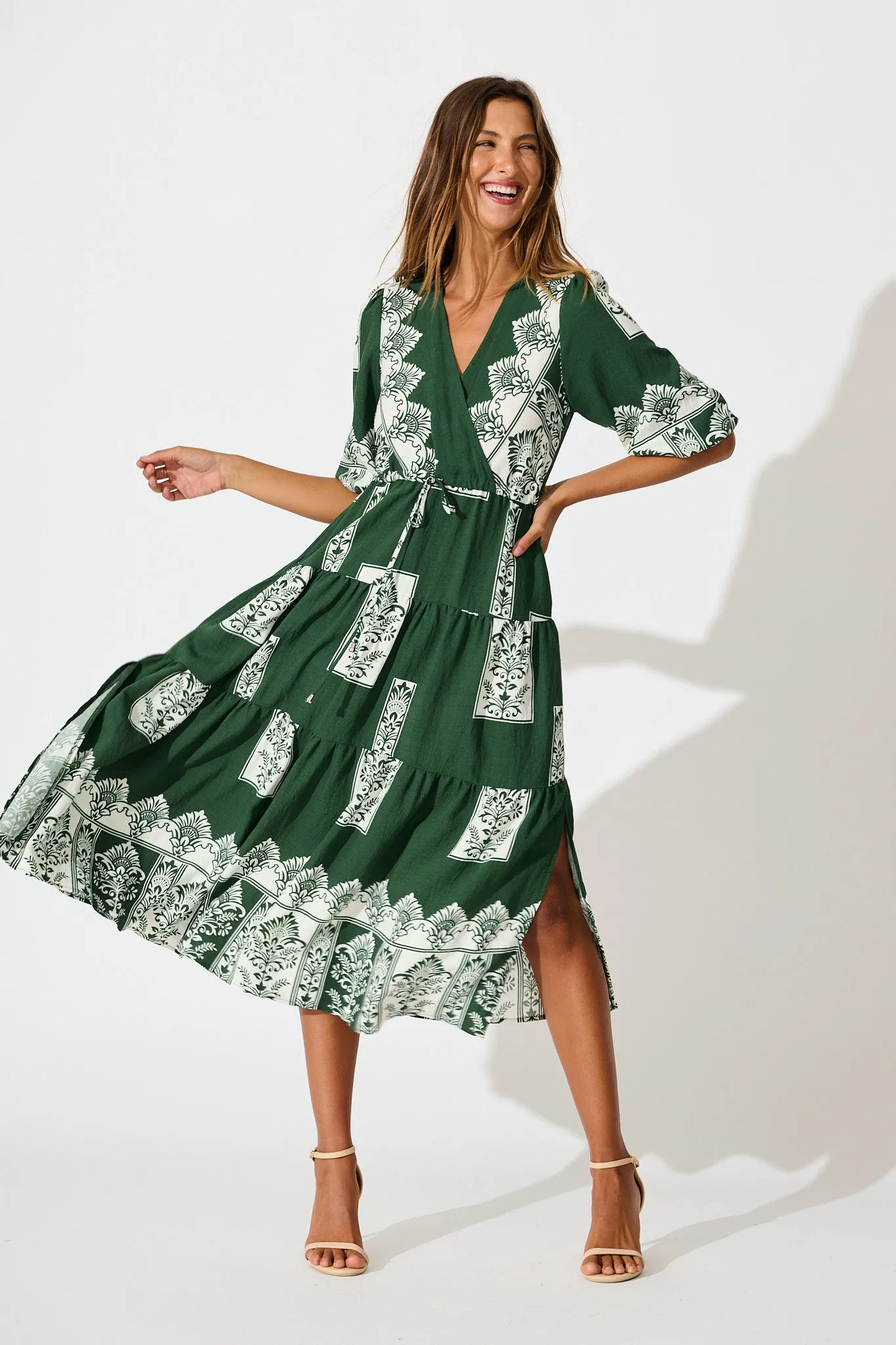 Paradise Midi Dress in Emerald Green Border Print sold by St Frock