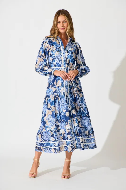 Nerina Maxi Shirt Dress in Navy Floral Linen Blend sold by St Frock