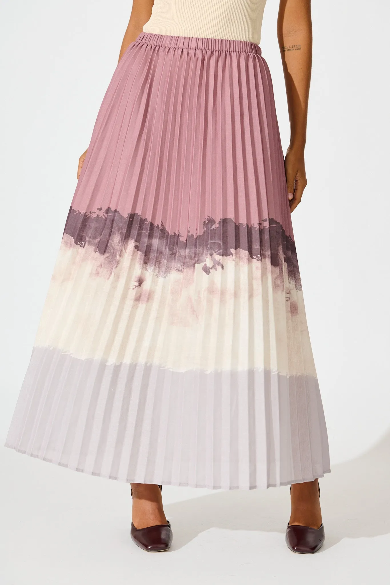 Arizona Maxi Pleat Skirt in Multi Neutral Ombre Linen Blend sold by St Frock