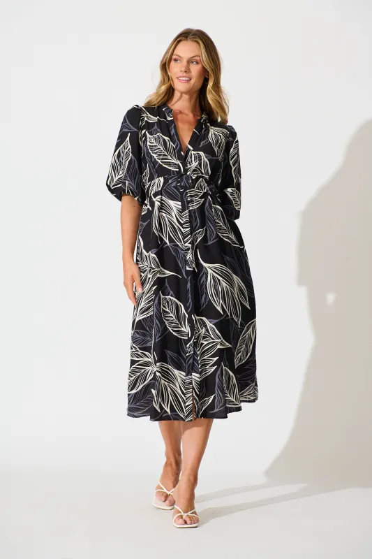 Katie Midi Dress in Black with Cream Leaf sold by St Frock