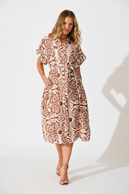 Sweet Talk Midi Shirt Dress in Brown Print sold by St Frock