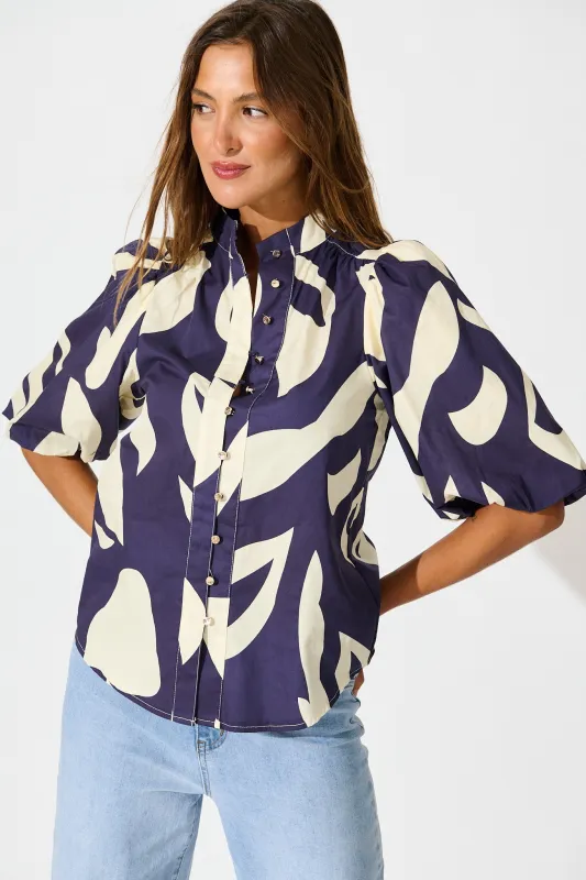 Gigi Shirt in Navy and Cream Print Cotton sold by St Frock