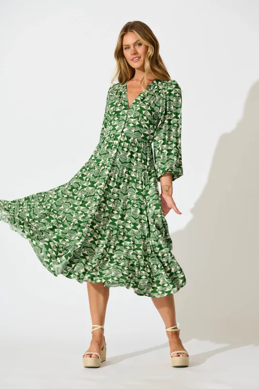 Modical Midi Dress In Green and White Print sold by St Frock