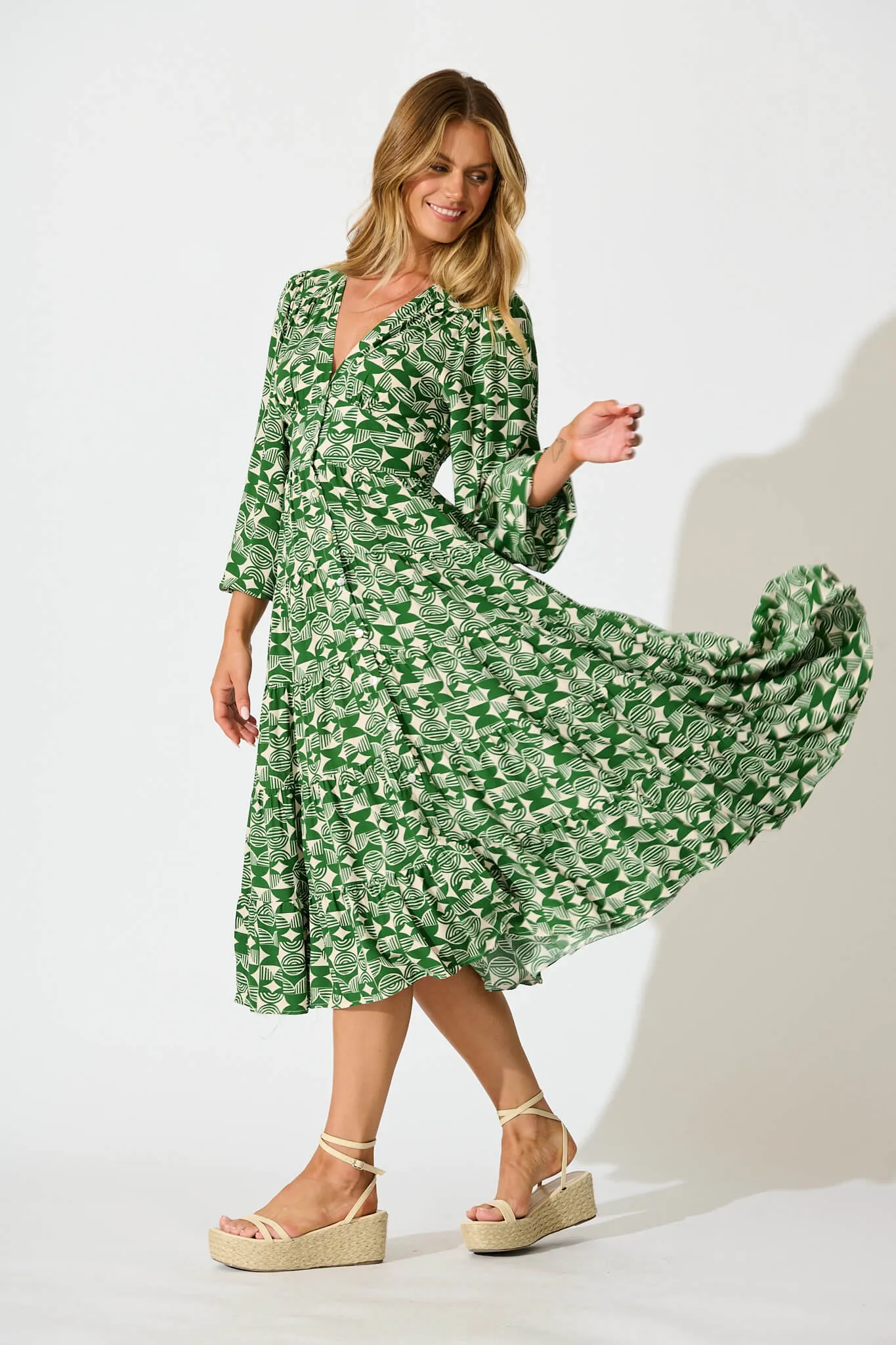 Modical Midi Dress In Green and White Print sold by St Frock product image thumbnail 3