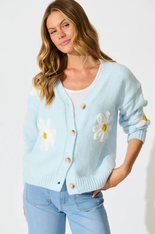 Allona Knit Cardigan in Blue With White Flowers Wool Blend sold by St Frock