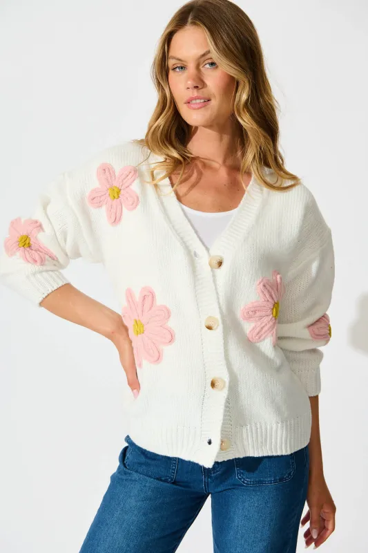 Allona Knit Cardigan In White With Pink Flowers Wool Blend sold by St Frock