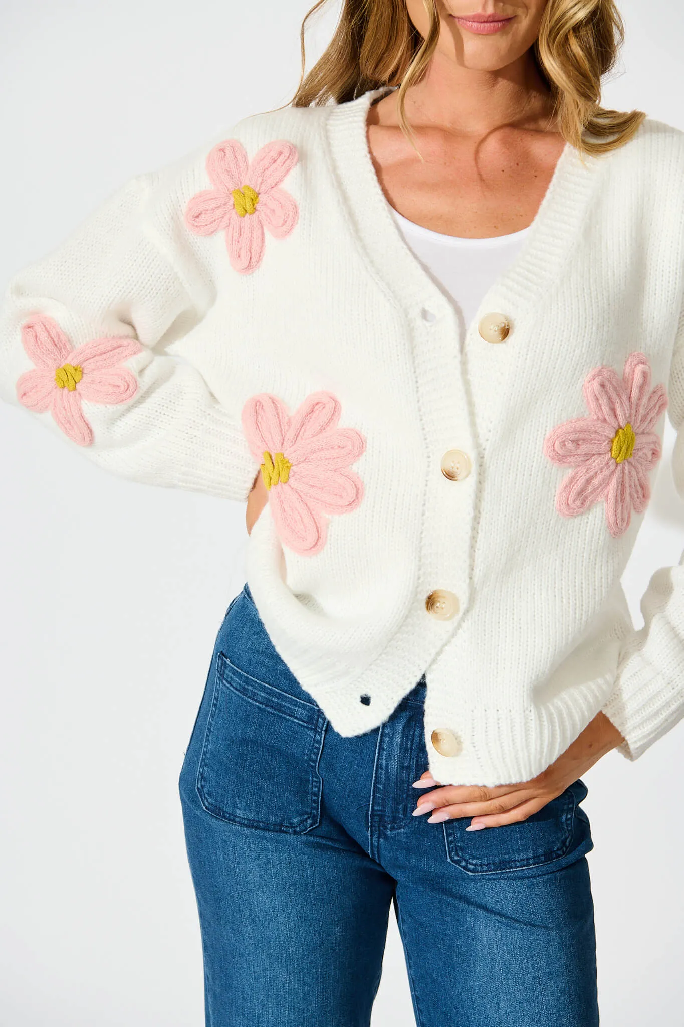 Allona Knit Cardigan In White With Pink Flowers Wool Blend sold by St Frock product image thumbnail 5
