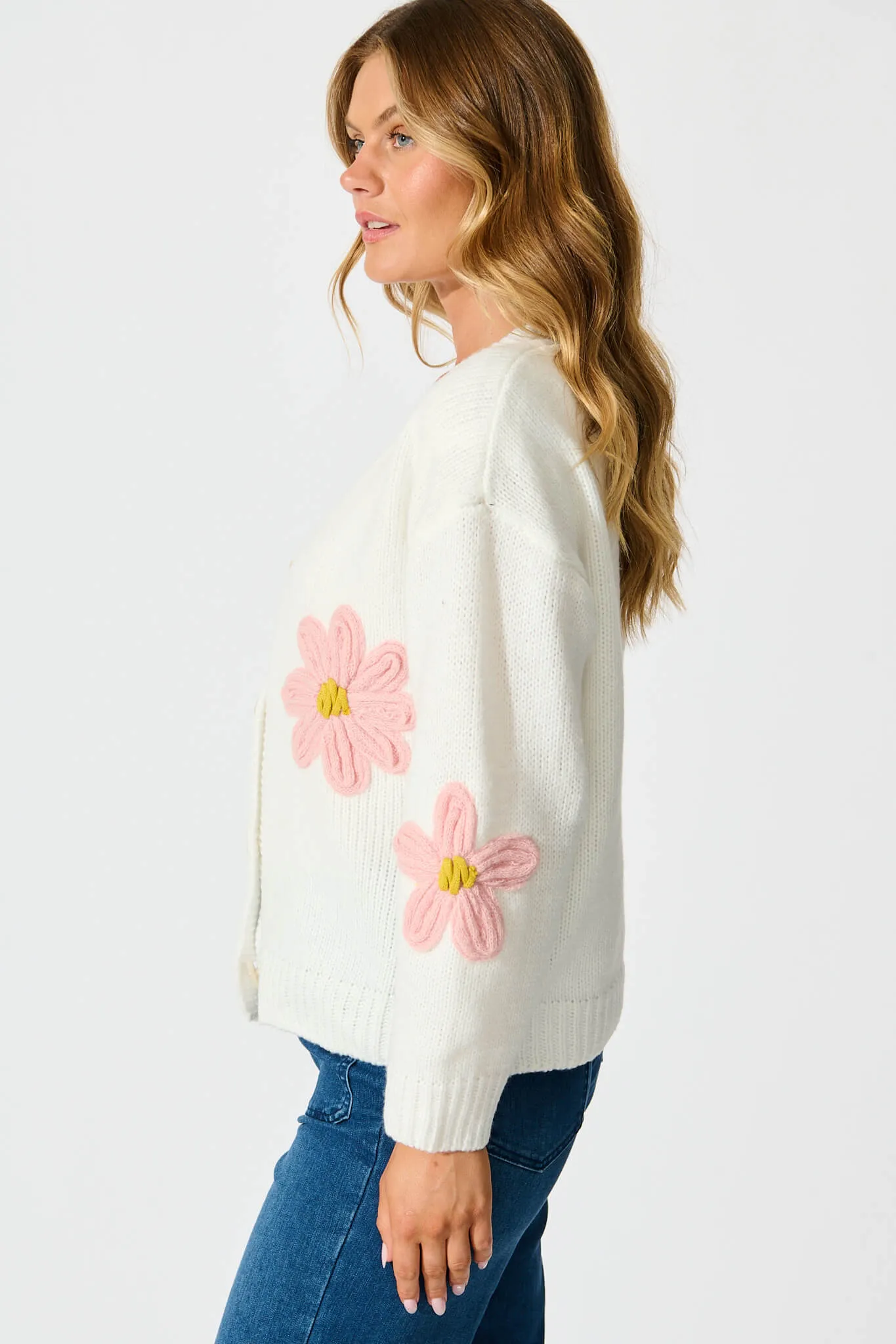 Allona Knit Cardigan In White With Pink Flowers Wool Blend sold by St Frock product image thumbnail 2