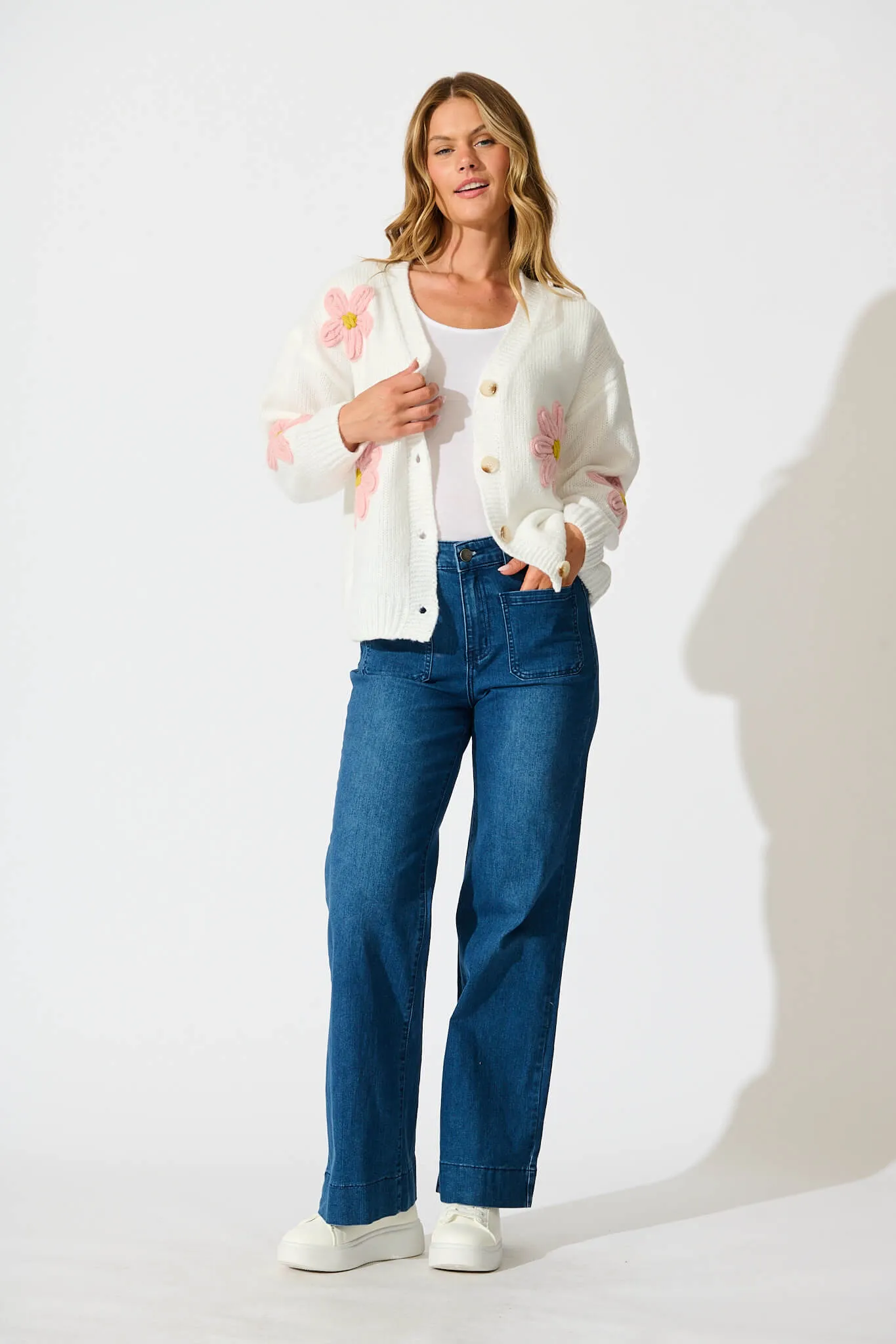 Allona Knit Cardigan In White With Pink Flowers Wool Blend sold by St Frock product image thumbnail 4