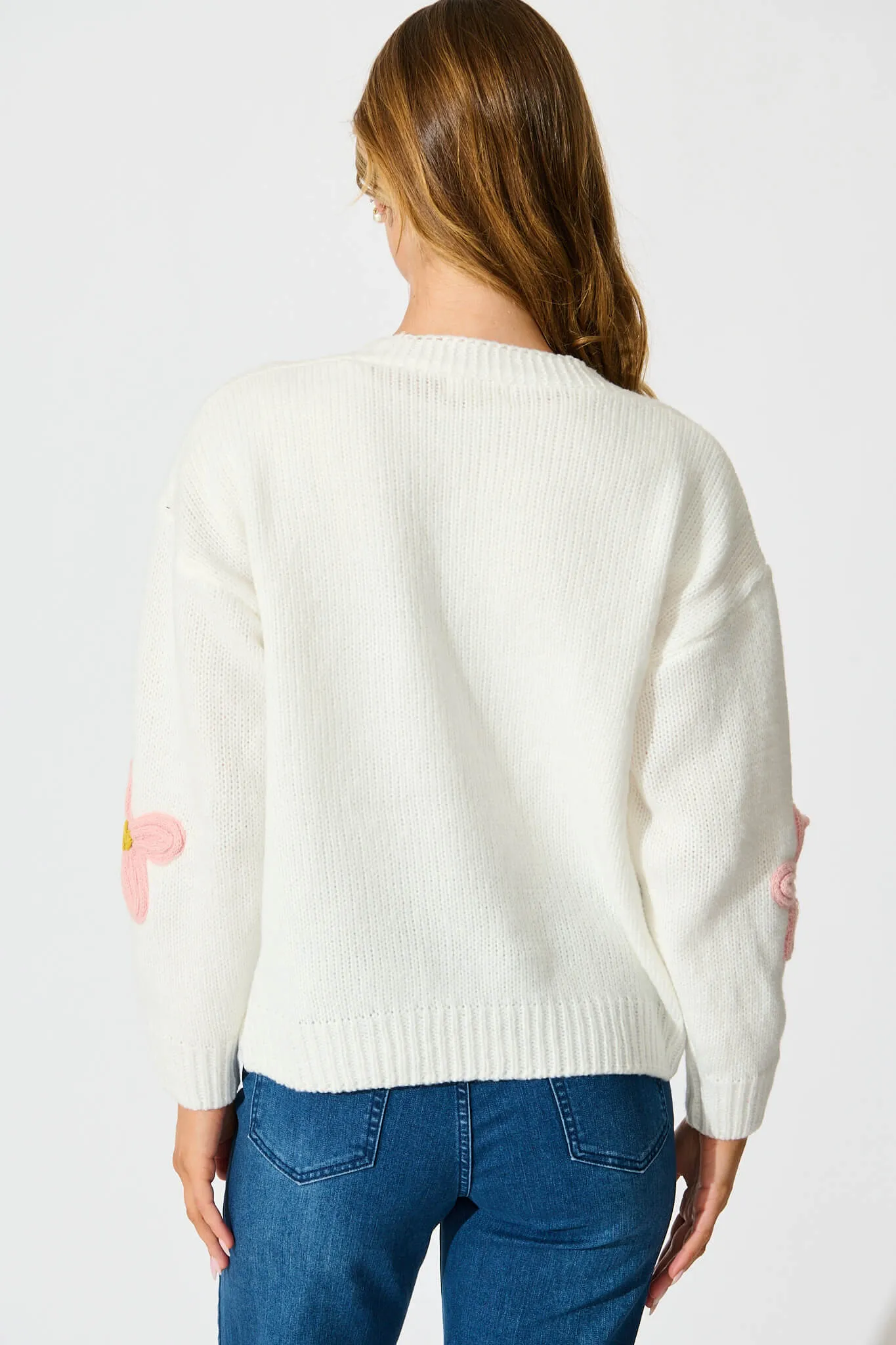 Allona Knit Cardigan In White With Pink Flowers Wool Blend sold by St Frock product image thumbnail 3