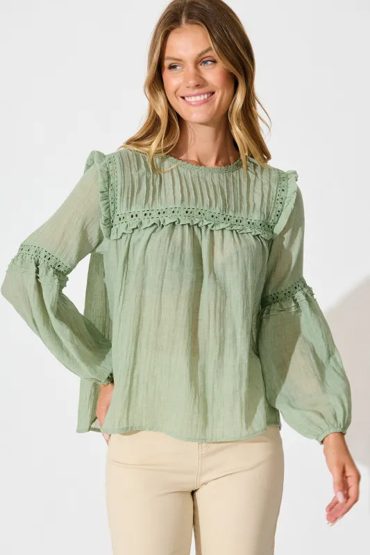 Calla Smock Top In Sage Green Cotton sold by St Frock