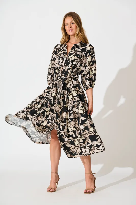 Martina Midi Shirt Dress in Black with Beige Leaf Print sold by St Frock