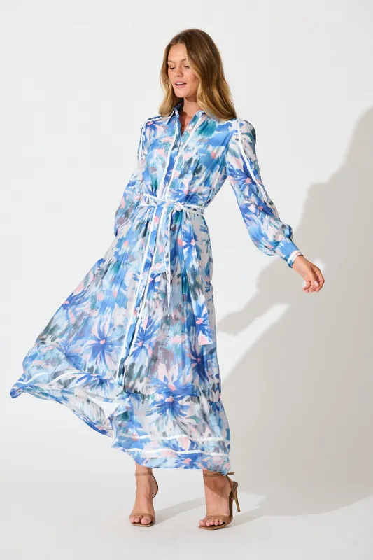 Laguna Maxi Shirt Dress in Blue Multi with White Trim sold by St Frock