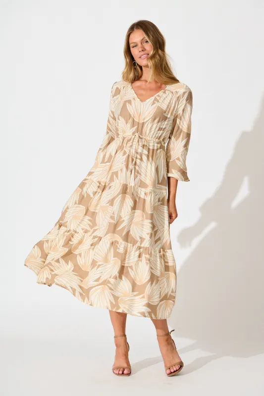 Devina Midi Dress in Neutral Multi Print sold by St Frock