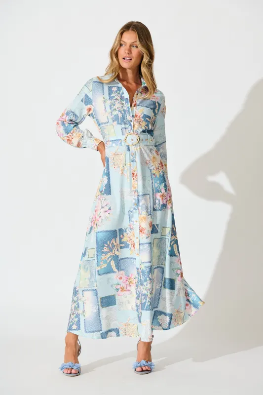 Moonlight Maxi Shirt Dress in Blue Patchwork Floral sold by St Frock