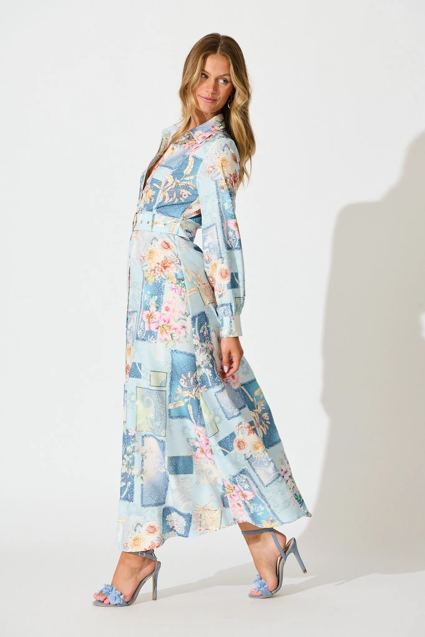 Moonlight Maxi Shirt Dress in Blue Patchwork Floral sold by St Frock product image thumbnail 3